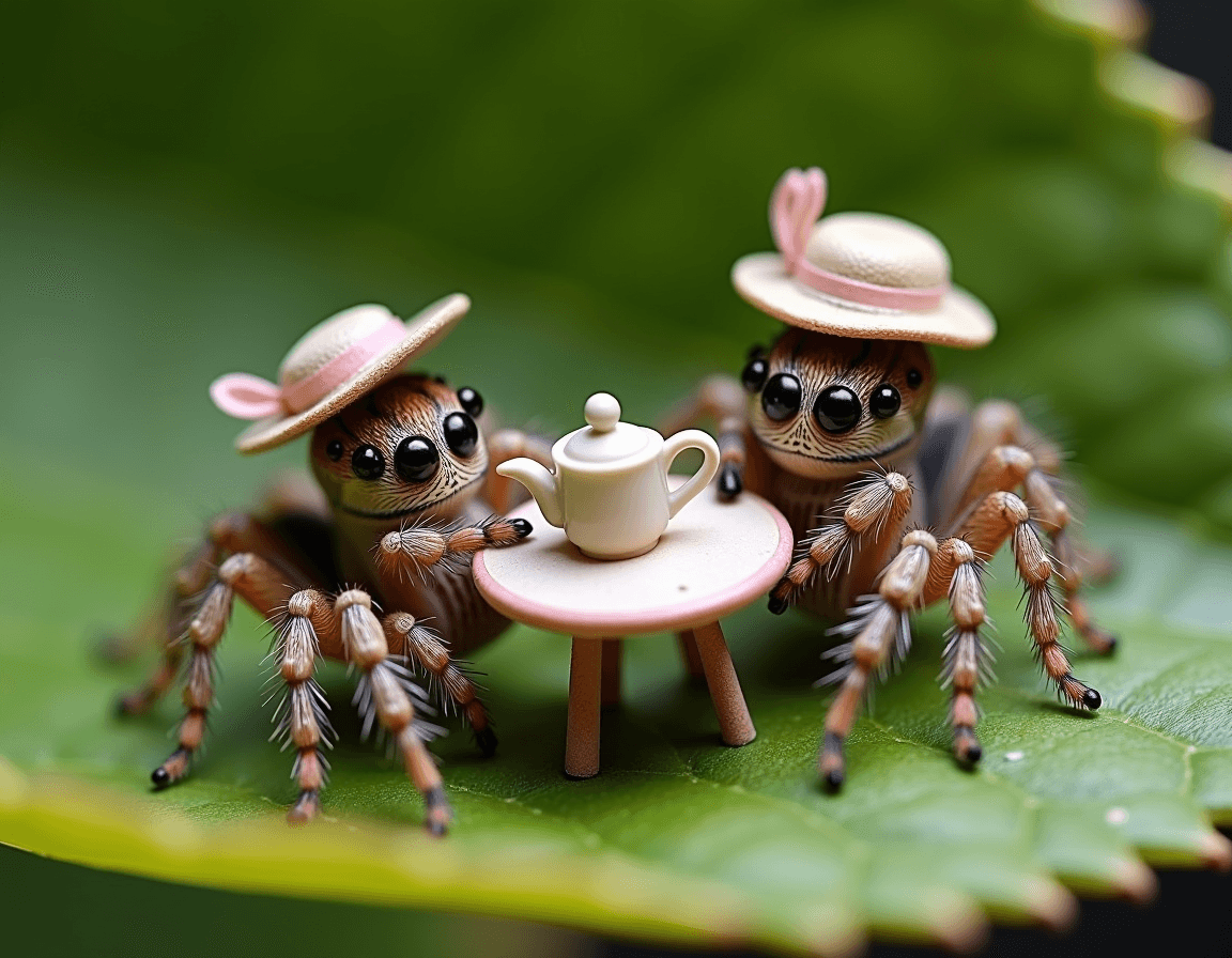 AI generated: two cute spiders in victorian outfits having a miniature tea party with a tiny table and teapot on a...