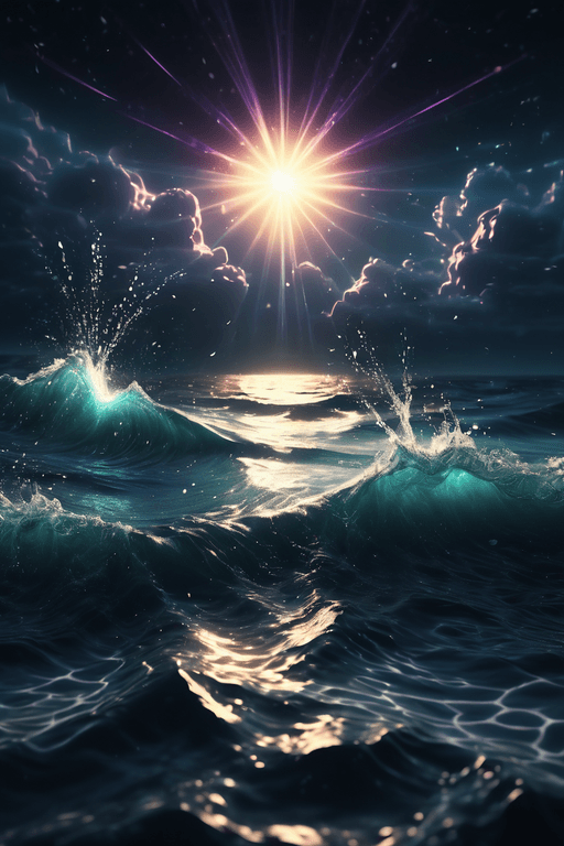AI generated: beautiful night sea, glowing particles, rays of divine light, realistic, beautiful clarity, high def...