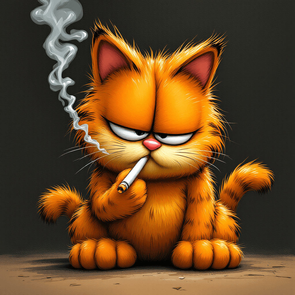 AI generated: A fat red cat Garfield  smokes A cigarette