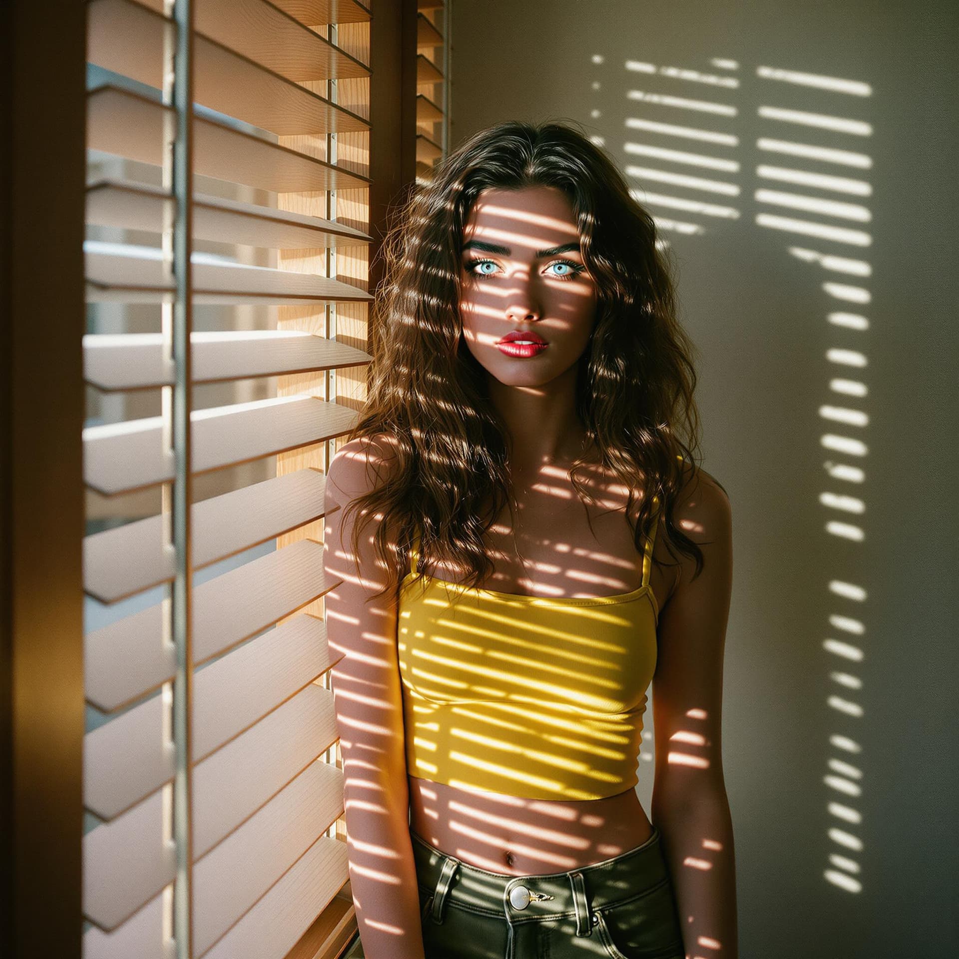 AI generated: photo, cute pose, a female is near a window, the light from outside shines in thru slats of the wood...