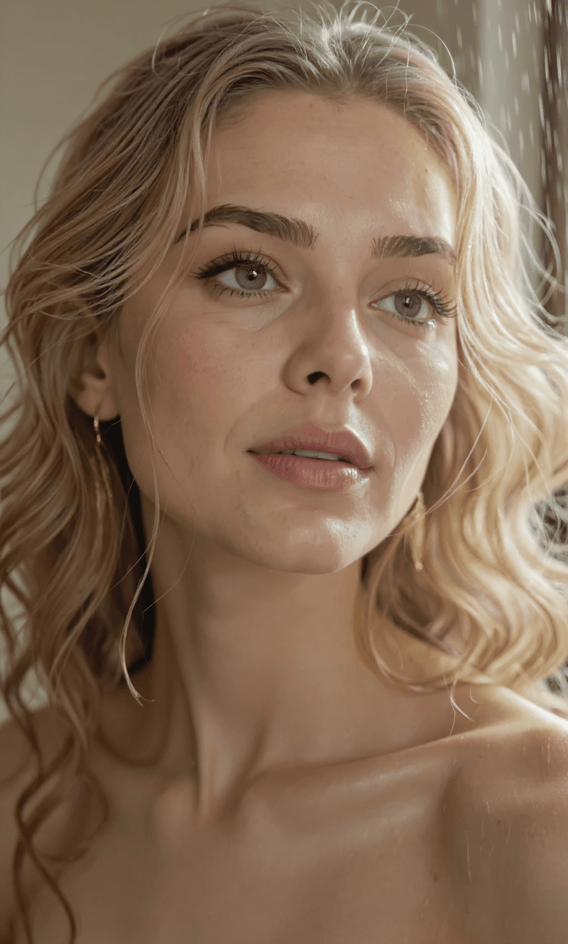 AI generated: Photo realistic macro shot of the uploaded woman's face with shallow depth. Camera from 3/4 angle, v...