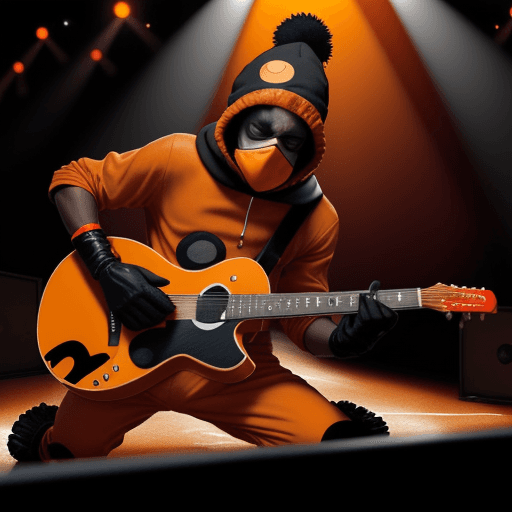 AI generated: we see a black man in a orange wally hat and black domino mask and is wearing a orange onesie, black...