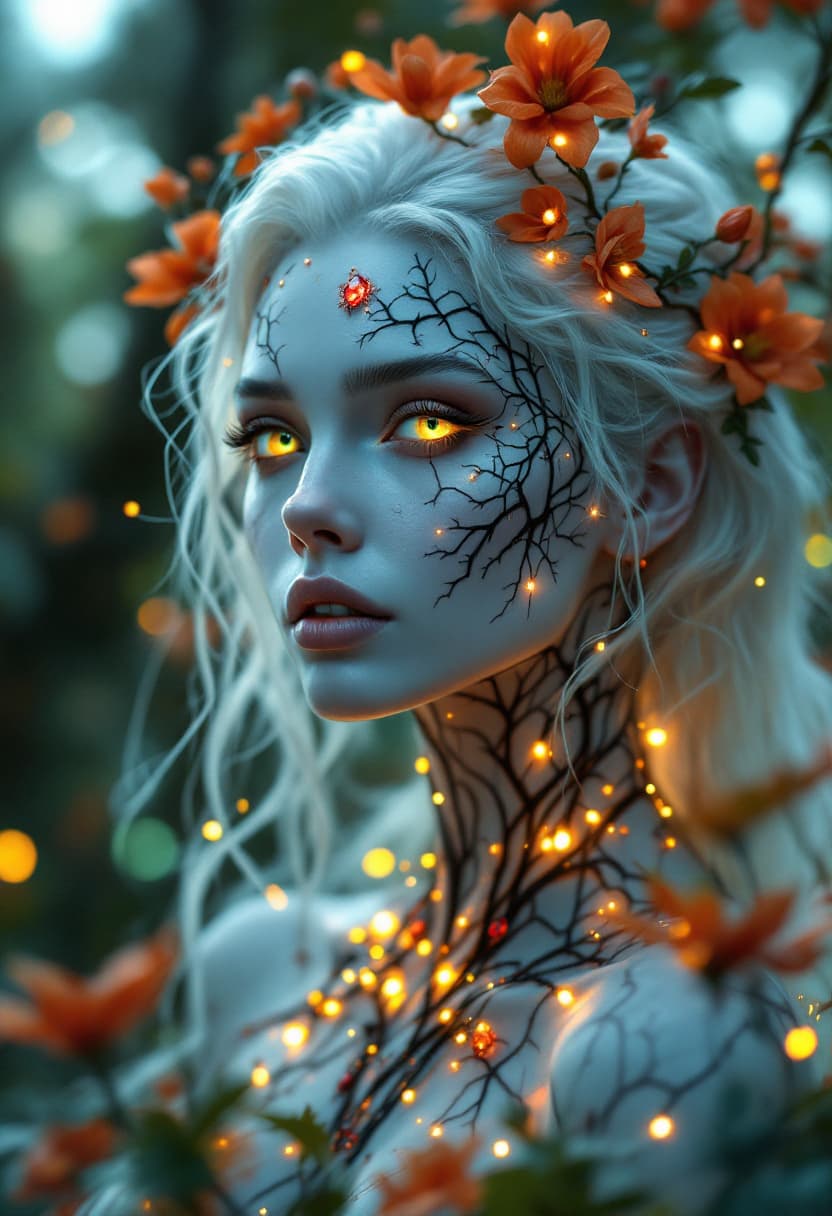AI generated: A mystical ethereal stunning woman with glowing green and brown eyes, pale porcelain skin, and white...