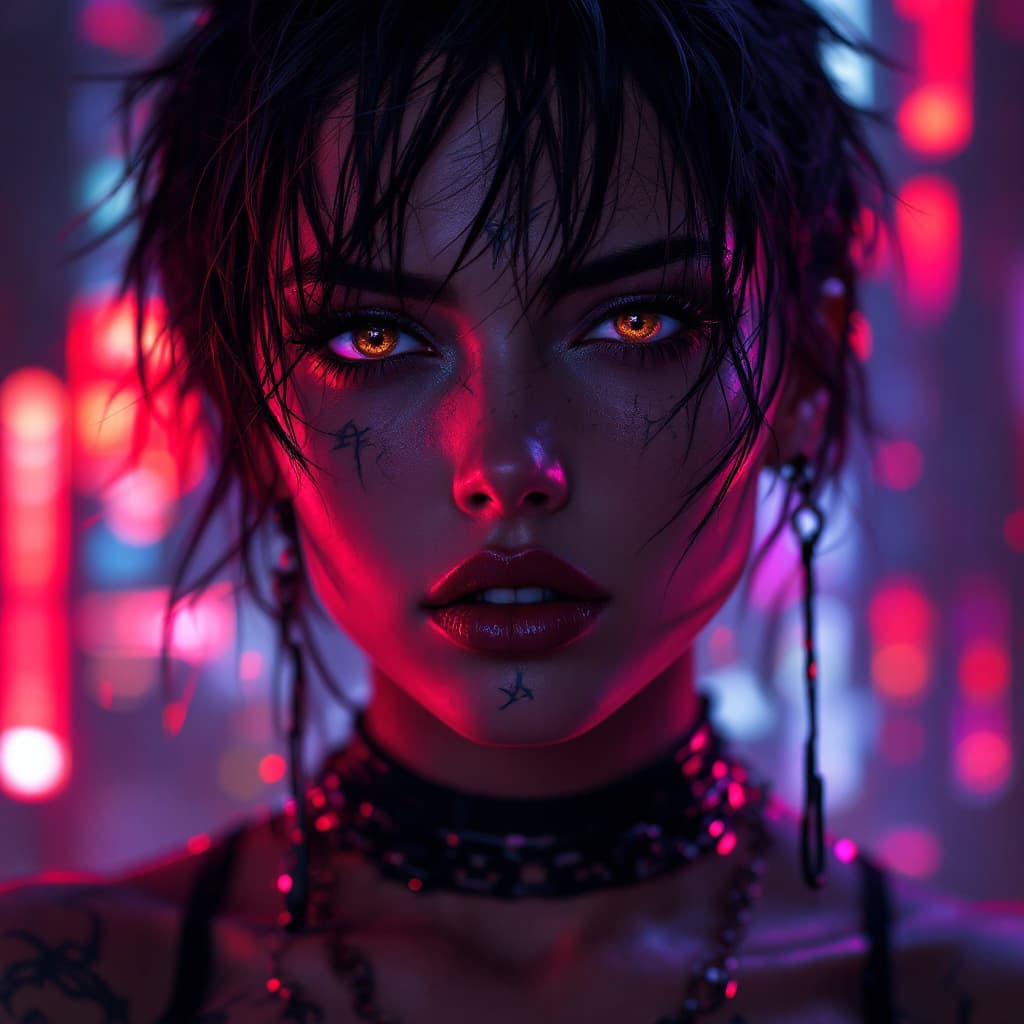 AI generated: A stunning close-up portrait of a mysterious cyberpunk warrior woman with glowing brown an grey eyes...