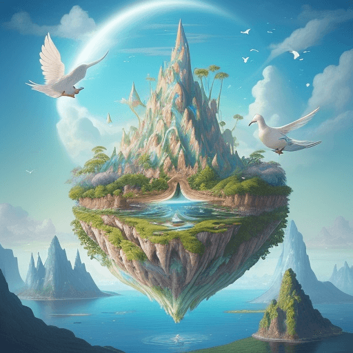 AI generated: A floating magical giant Dove in An imaginative and artistic scene of a fantasy world, with a vibran...