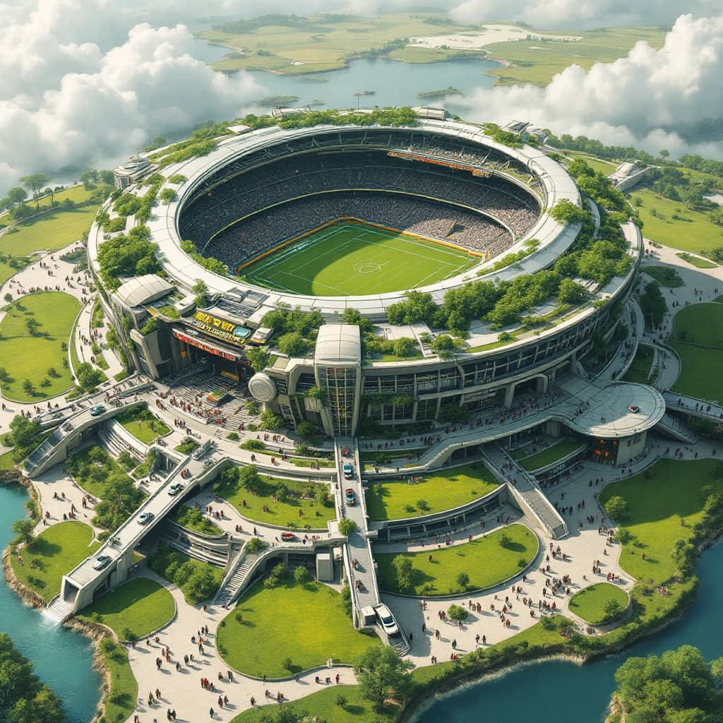 AI generated: A futuristic stadium in the style of Syd Mead and Katsuhiro Otomo, situated on an island surrounded ...