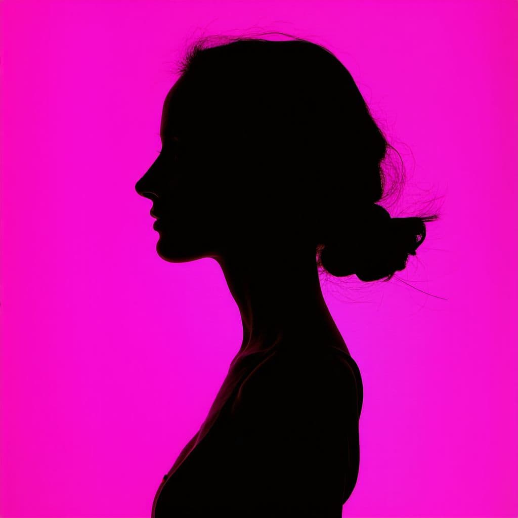 AI generated: photography, portrait of contrast, profile silhouette of a woman, vibrant hot pink backdrop, visuali...