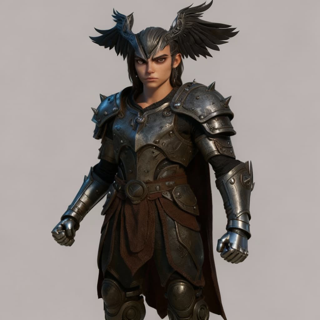AI generated: Design a woman wearing dark, fantasy-style metal armor, full of details and rivets, large, spiky sho...