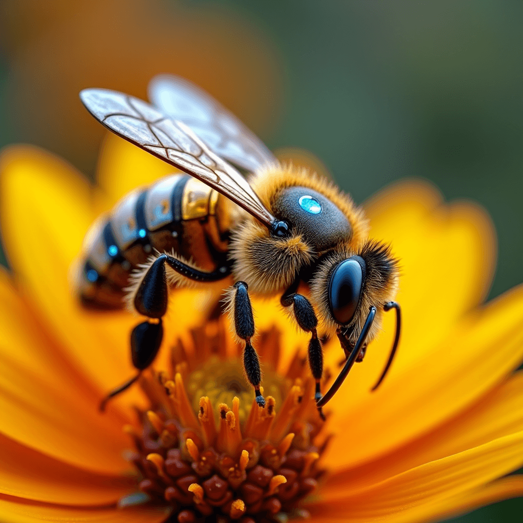 AI generated: A close-up of a futuristic honeybee with cybernetic and biogenetic enhancements perched on a vibrant...