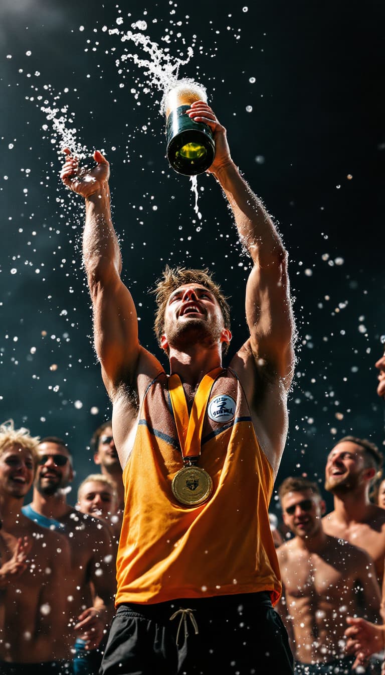 AI generated: Summer.       The winner with a medal stands in a circle of friends and teammates. In his hands he h...