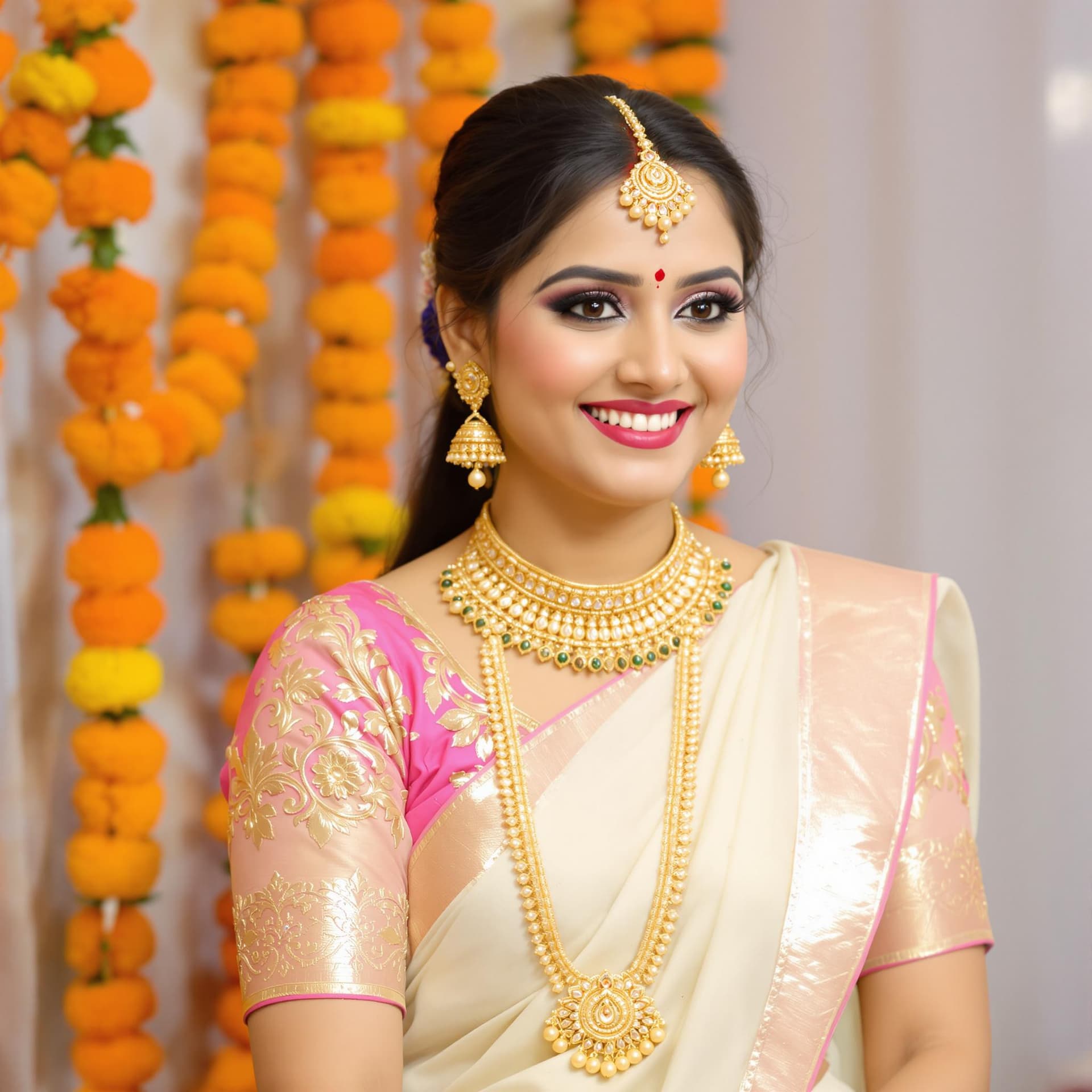 AI generated: The image features a woman dressed in traditional attire, specifically a cream-colored saree with a ...