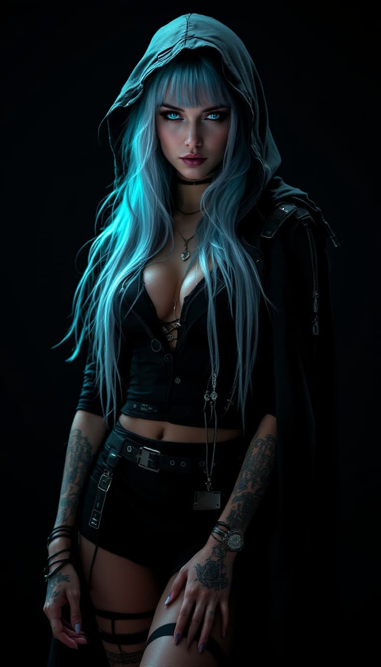 AI generated: A mysterious cyberpunk informant stands against a dark, gradient-black backdrop, with the soft glow ...