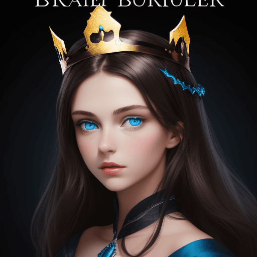 AI generated: create a book cover with a black background showing a brunette with blue eyes and a crown above her ...