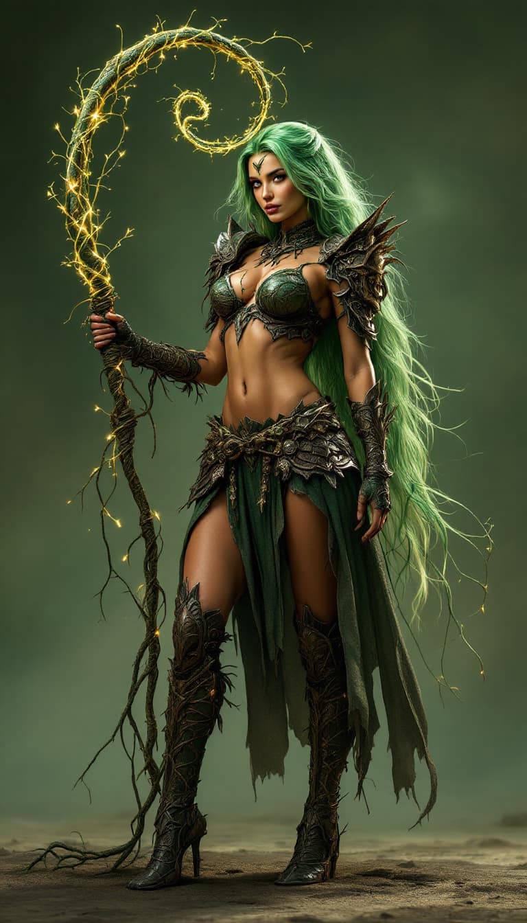 AI generated: A majestic full-body portrait of a breathtakingly beautiful girl with a long, glowing whip that seem...