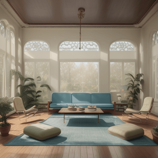 AI generated: High resolution photography interior design, dreamy sunken living room conversation pit, wooden floo...