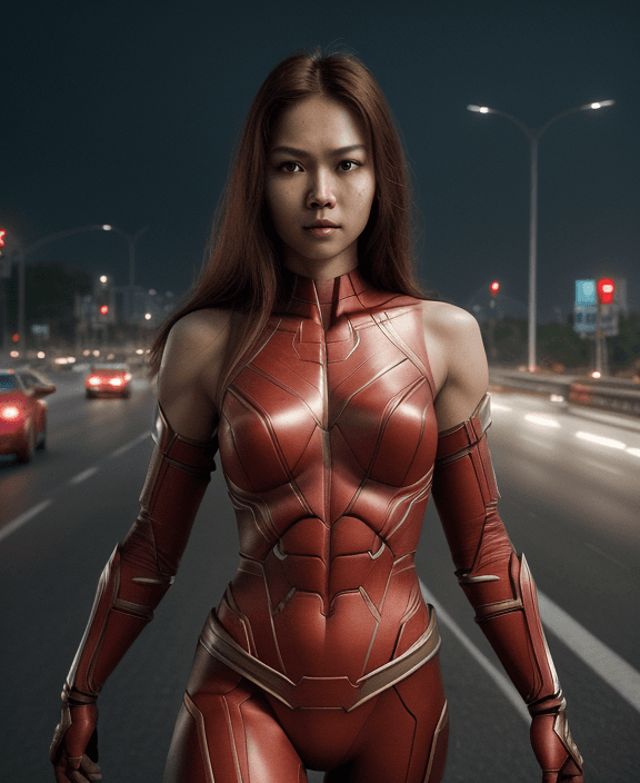 AI generated: epic realism, superhero from Indonesia, red costum, beautiful girl, shoulder length hair, perfect bo...