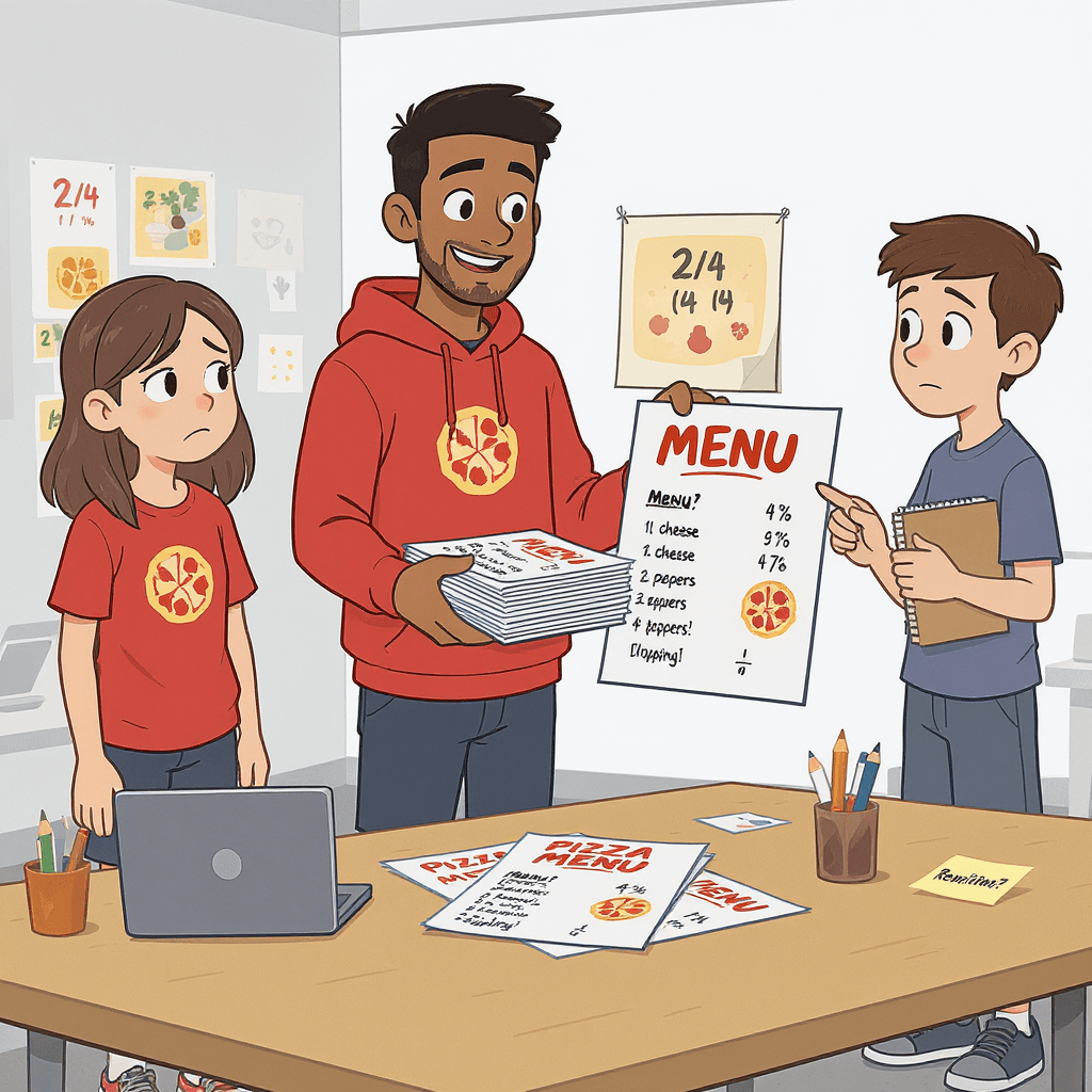AI generated: A flat cartoon-style digital illustration set inside a modern school pizzeria design room, well-lit ...