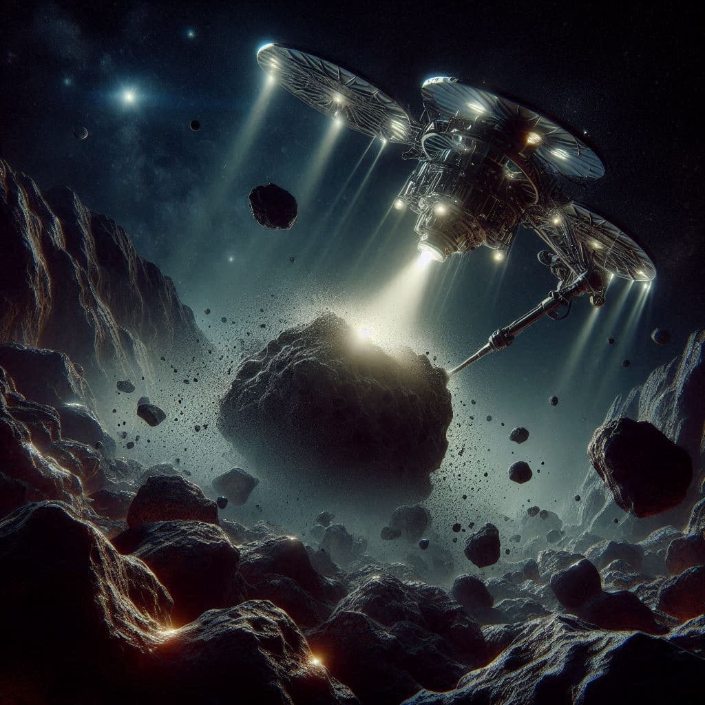 AI generated: An asteroid-lander drilling an asteroid, in the style of realistic hyper-detailed rendering, dark sp...