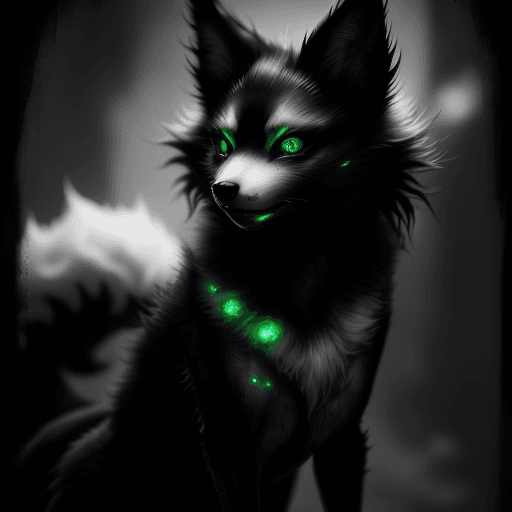 AI generated: In the darkness of an alley, a phosphorescent noir-inspired kitsune emerges, her nine tails flickeri...
