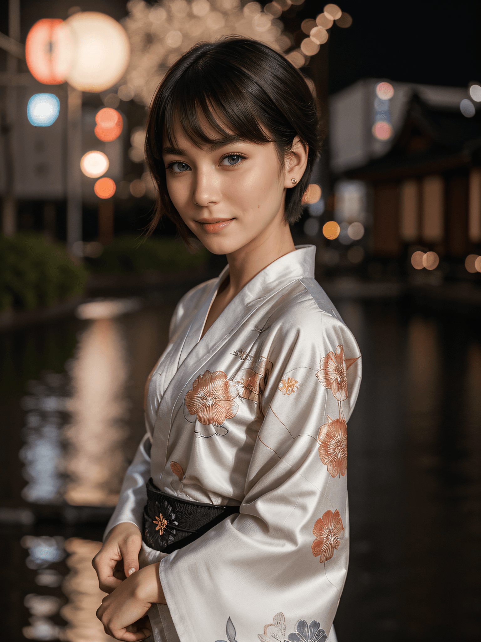 AI generated: a close up portrait of a stunning japanese girl wearing a kimono with intricate details and texture,...