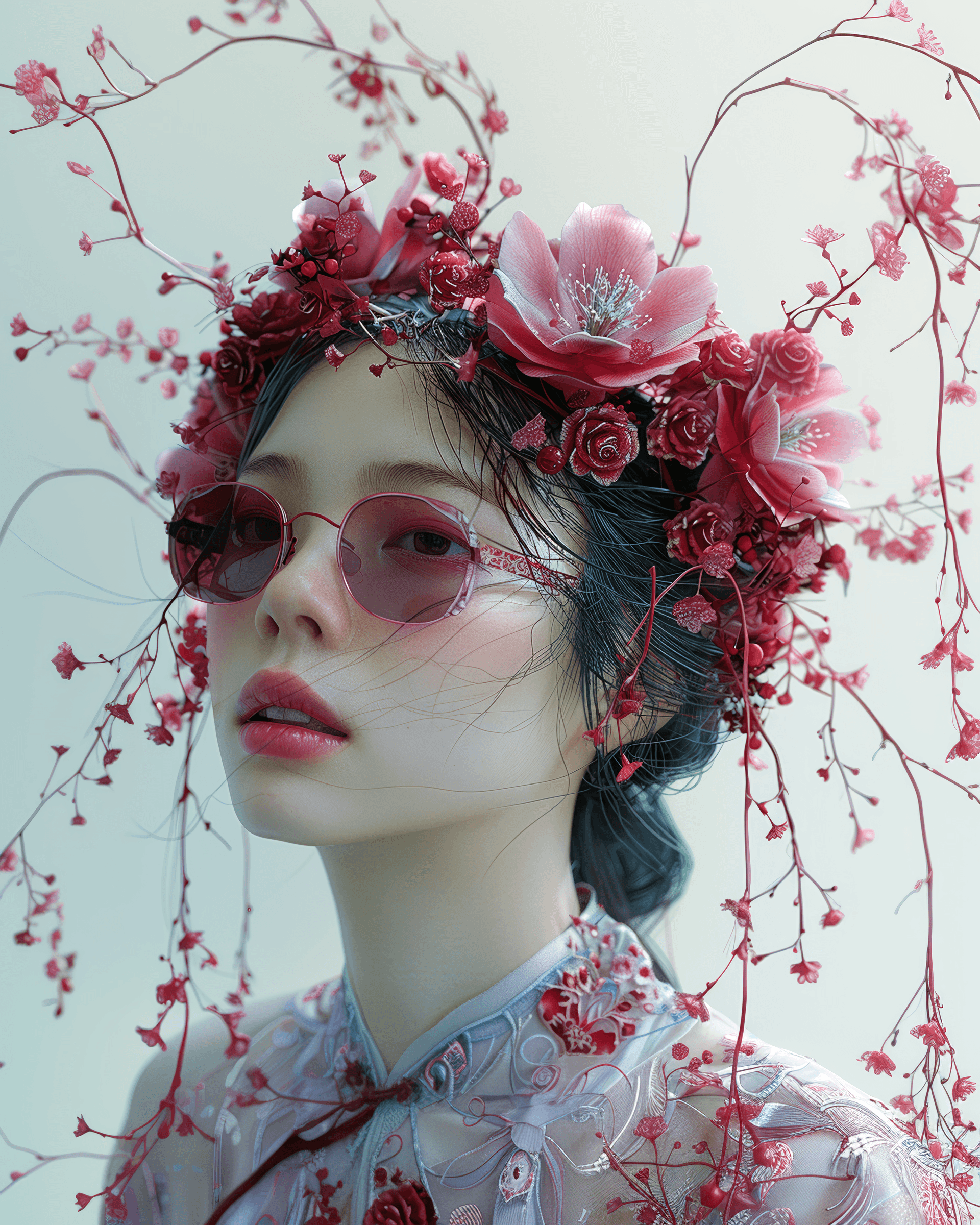 AI generated: a woman wearing floral decorations on her head to, in the style of futuristic art, dark white and ma...