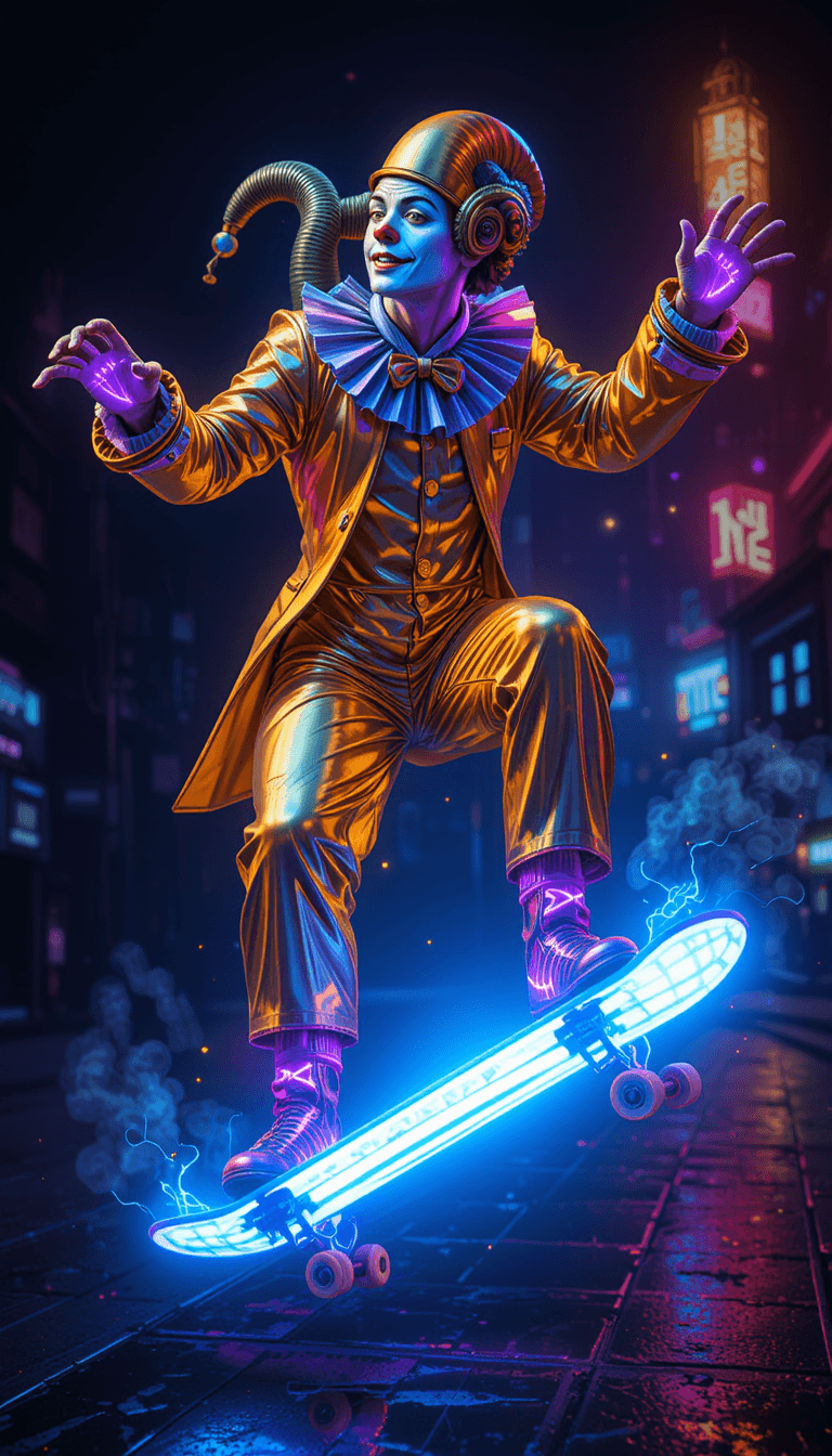 AI generated: A surreal and captivating image of a modern-day skateboarding clown, rendered in a striking digital ...