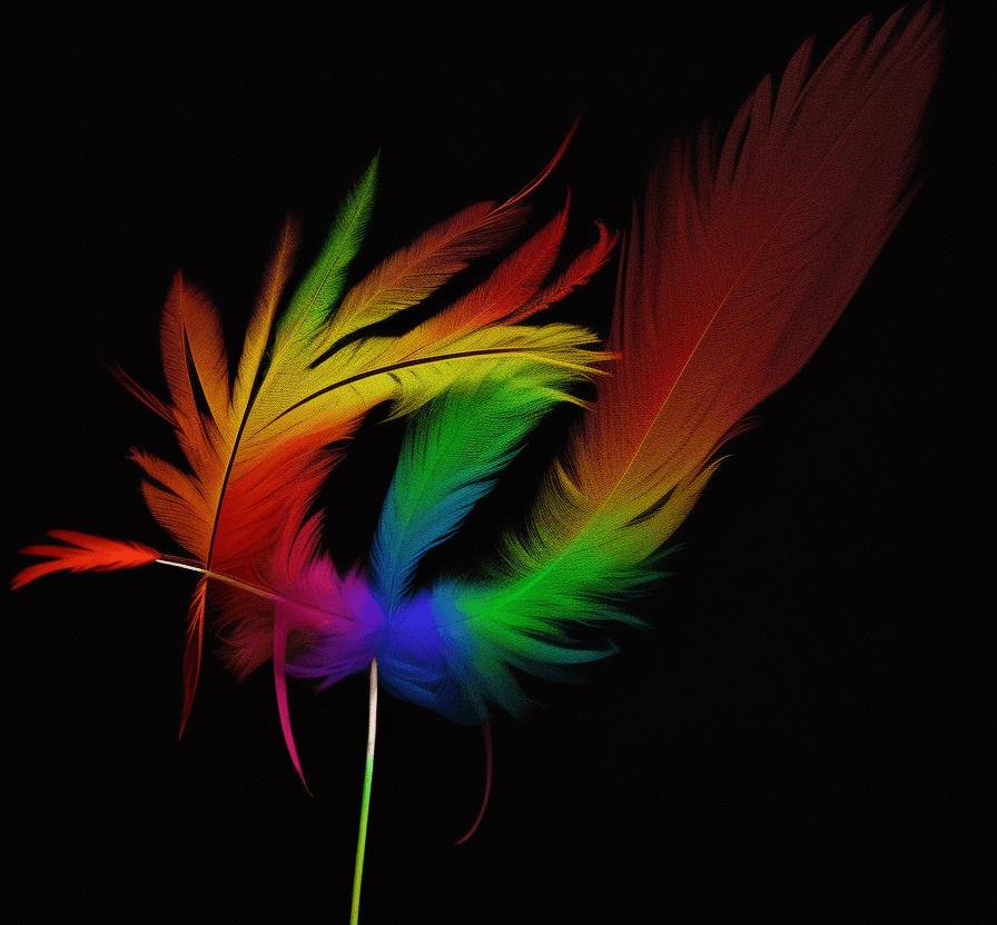 AI generated: rainbow single feather on a black background 