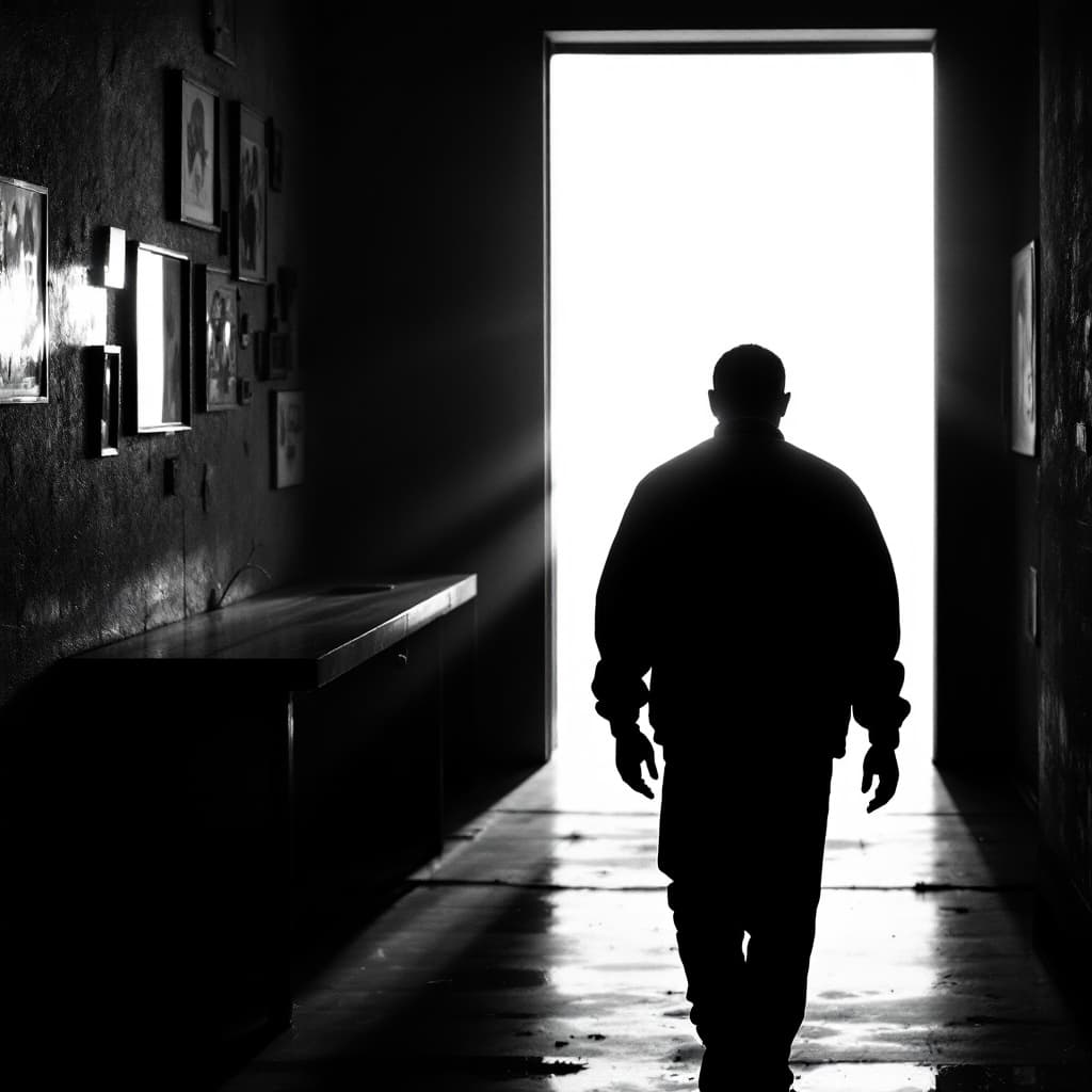 AI generated: bright white sunlight casting shadows on a a man walking toward the light is silhouetted against bri...