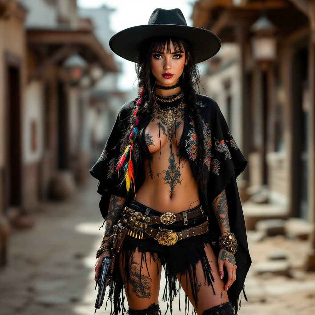 AI generated: Full body photo HD beautiful Mexican girl standing in the old west streets of tombstone, wearing a b...