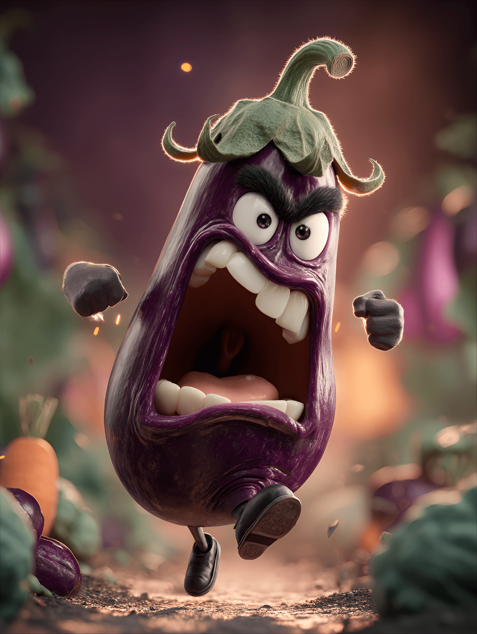 AI generated: funny caricature, angry eggplant caricature, animated eggplant, ageless, with deep purple skin, furr...