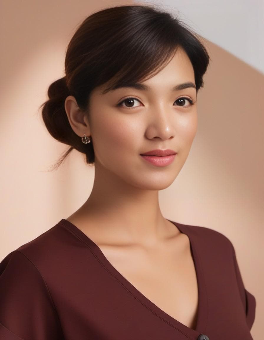 AI generated: An image of a young woman with a medium complexion and chestnut-colored hair styled in a casual updo...