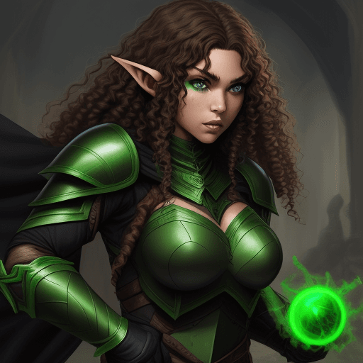 AI generated: rogue elf women with brown curly hair, green eyes, light skin in black leater armor. full size