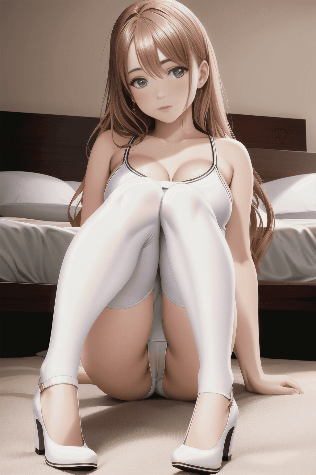 AI generated: one young woman, sitting on edge of bed with feet on the floor, wearing tight white one piece bodysu...