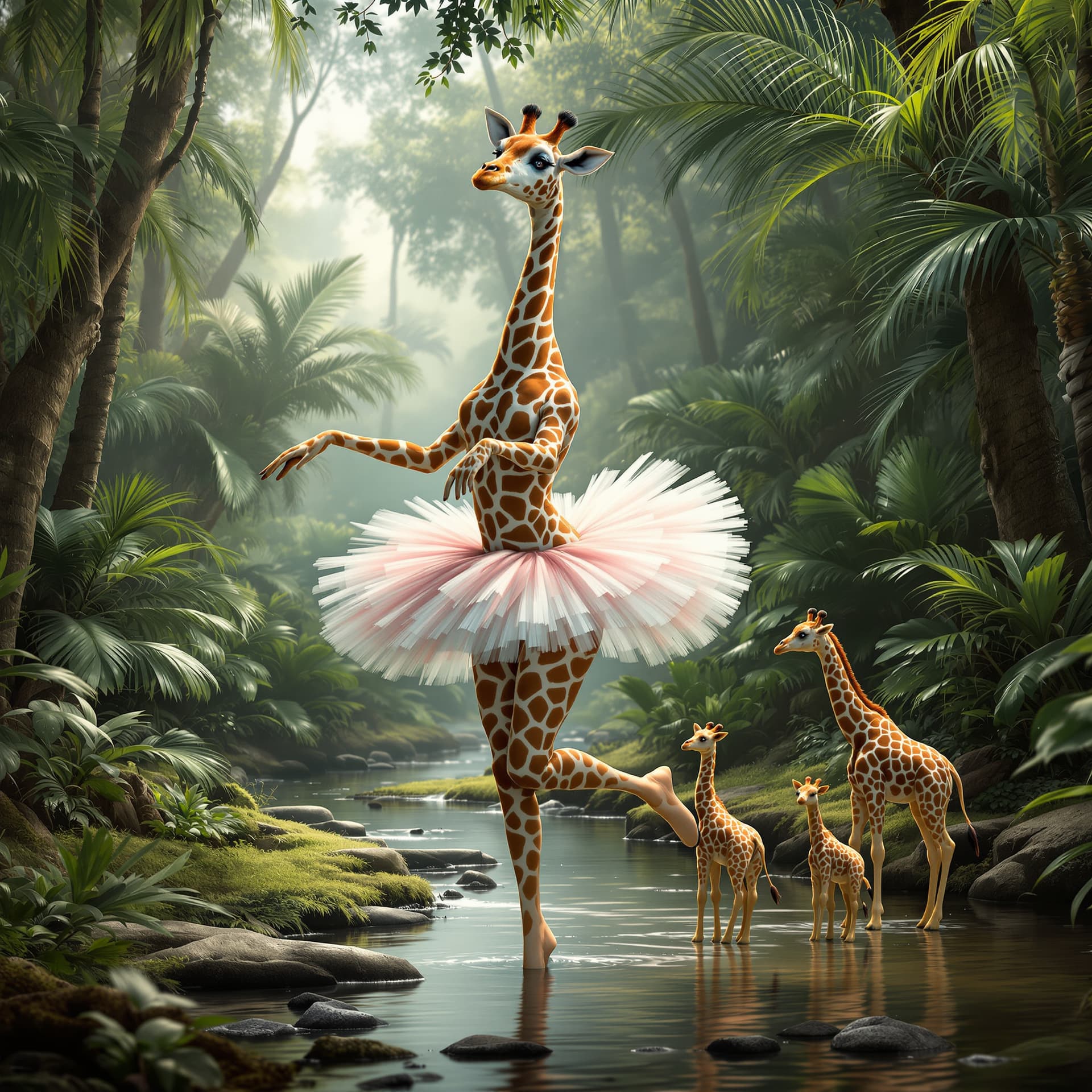 AI generated: ((best quality) ), a giraffe as a (ballerina:1.1) wearing a tutu, perfect eyes, hyper realistic, 8k,...