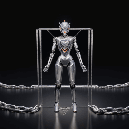 AI generated: A robot with a coin or token in place of a heart inside its metallic chest, standing in front of a b...