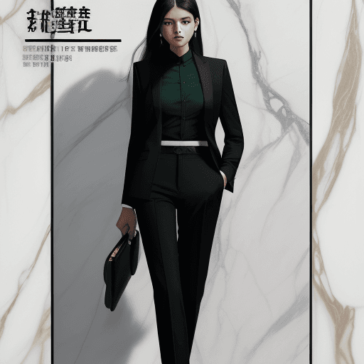 AI generated: fashion cover, front view, upper-body, woman model, white marble wall, black suit, green shirt, blac...