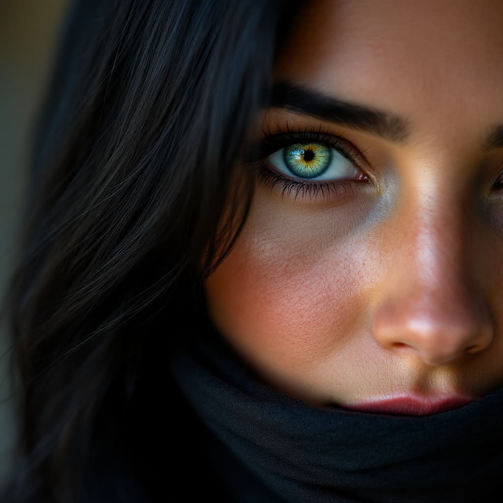 AI generated: A close-up color portrait of an Afghan woman with green eyes, long black hair, the woman's face high...