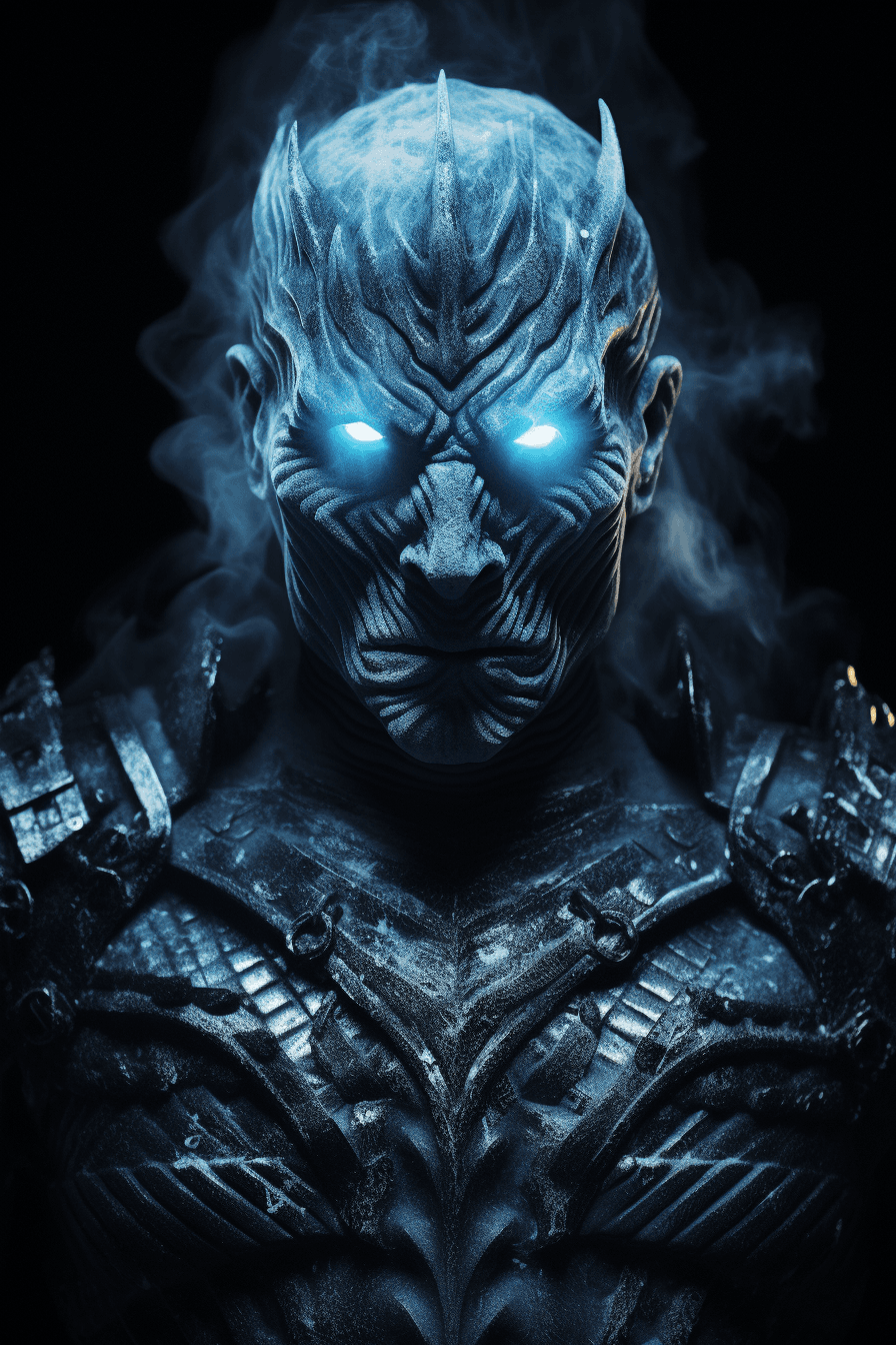 AI generated: Hyper realistic detailed photograph of the Game Of Thrones, Winter is coming, The Night King, blue n...