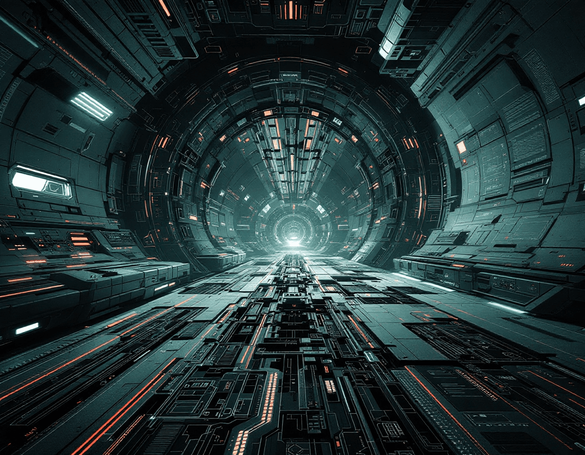 AI generated: Concept art of technical infrastructure blueprint schematics of a futuristic spacecraft, (in the sty...