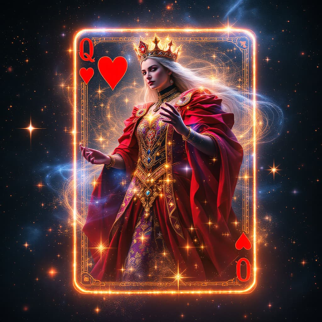 AI generated: The Queen of Hearts card transforms into a 3D hologram that appears to be made of cosmic energy. As ...