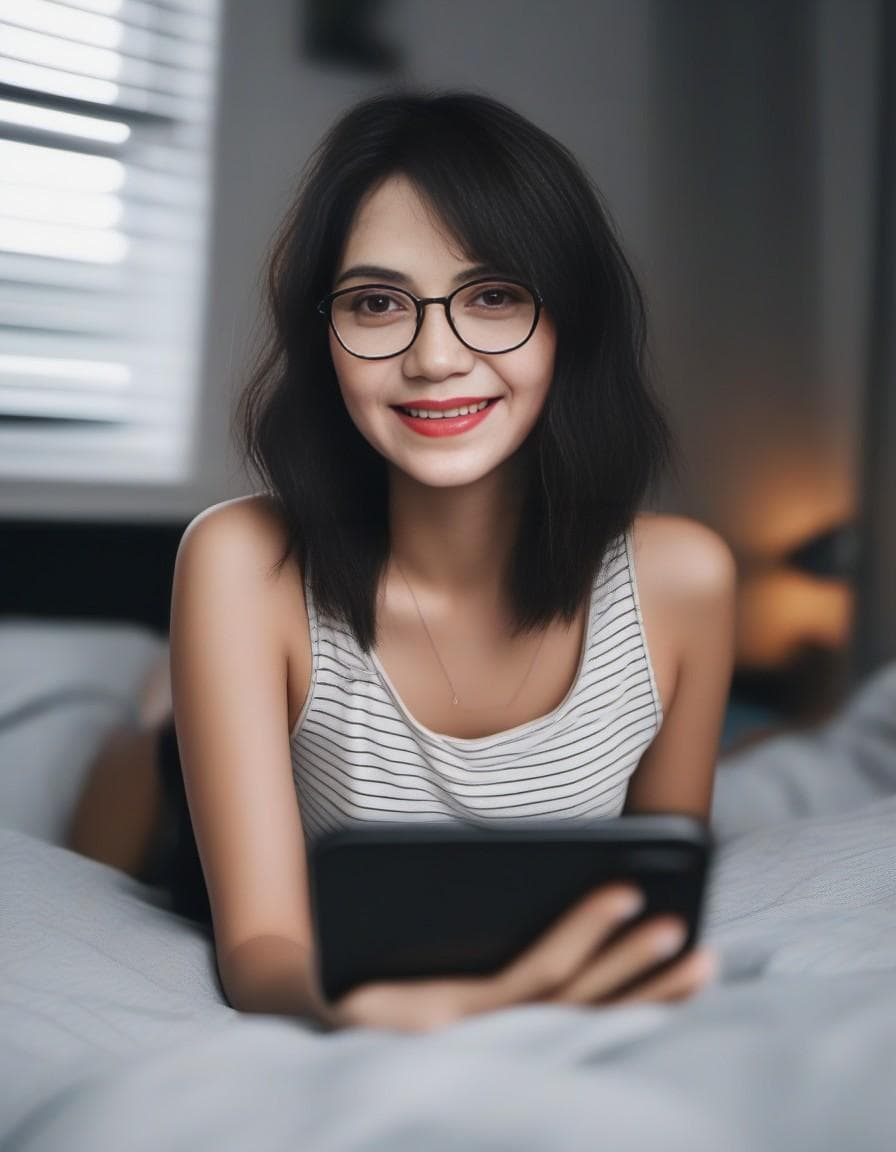 AI generated: iphone photo young college woman, long tousled brunette hair, no makeup, beautiful smile, lying on h...