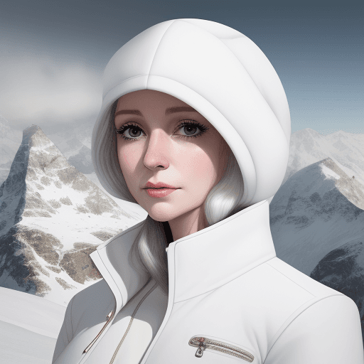 AI generated: woman in a white  jacket, snowy, in the style of hyper-realistic portraiture, caninecore, mountainou...