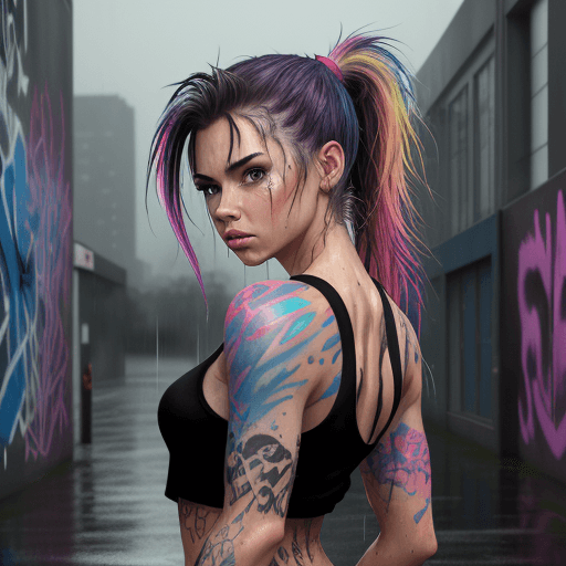 AI generated: masterpiece, concept art, centered, wide shot, front view, 1girl, wet, (rain, night), body tattoo, m...