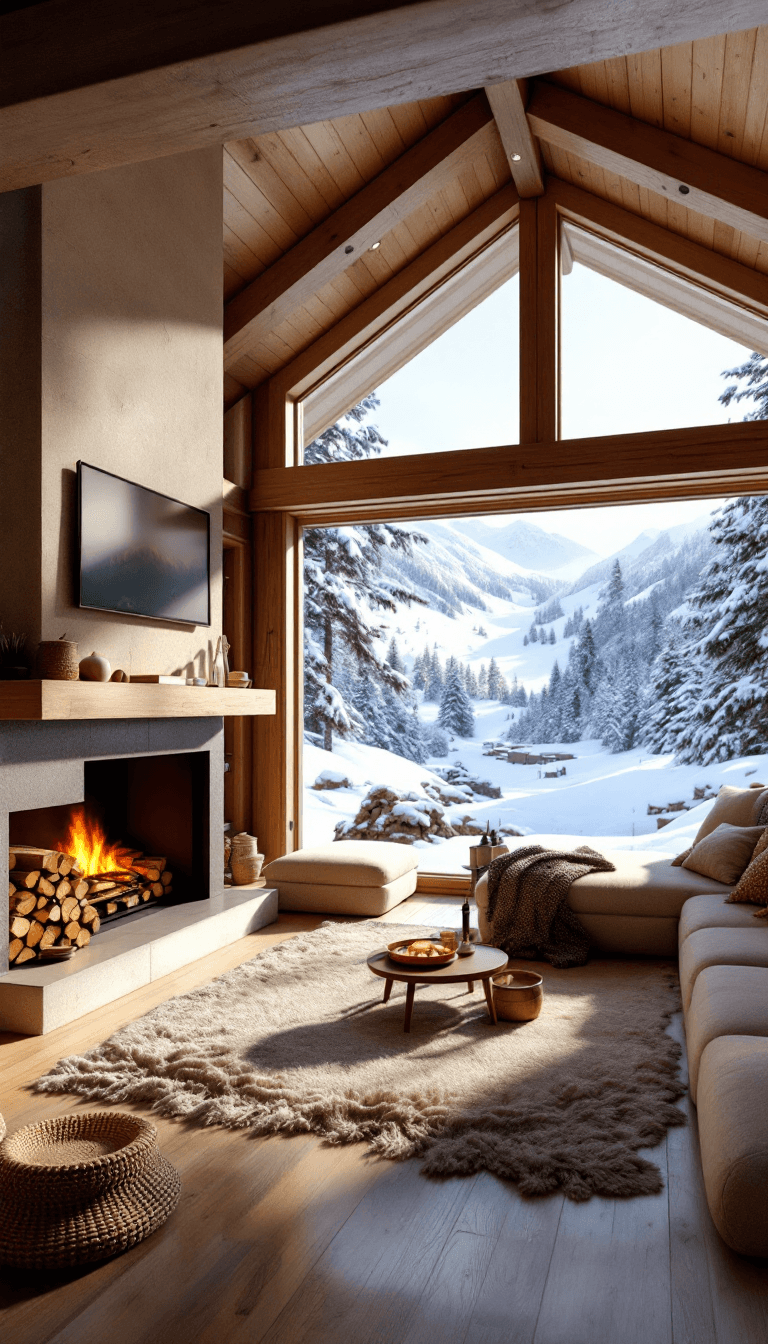 AI generated: a cozy living room in a wooden chalet, big fireplace, stacked firewood, big window with views of ski...