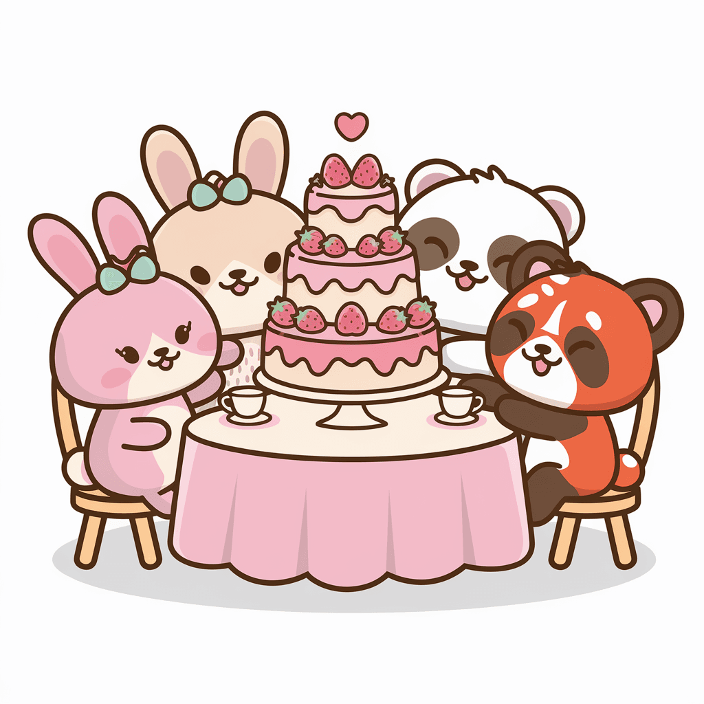 AI generated: Create a clipart of a cute kawaii tea party scene for Valentine's Day. The colors should be muted sh...