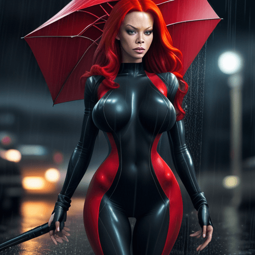 AI generated:  jenna jameson as rogue from the xmen with an umbrella red hair, skintight sheer body suit big front...