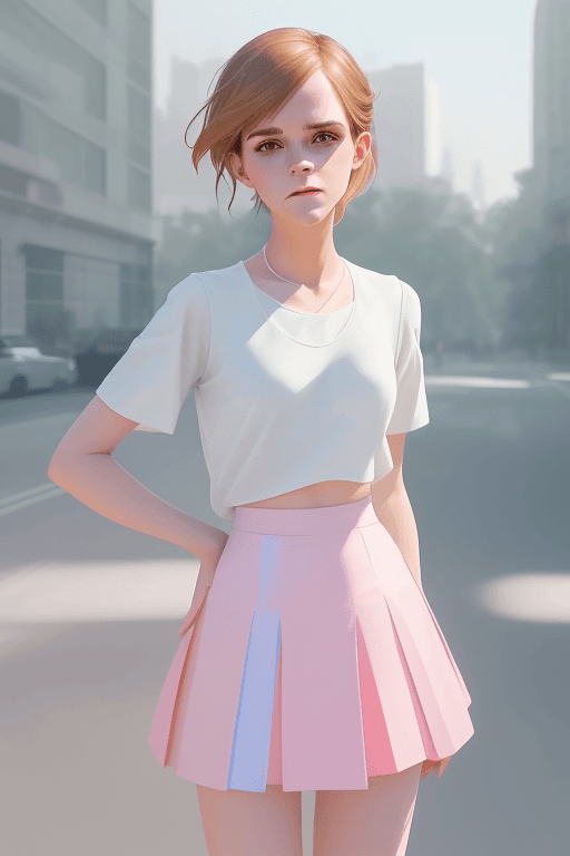 AI generated: a mid age Emma Watson wearing a white short skirt, inspired by OffWhite, tumblr, inspired by Yanjun ...