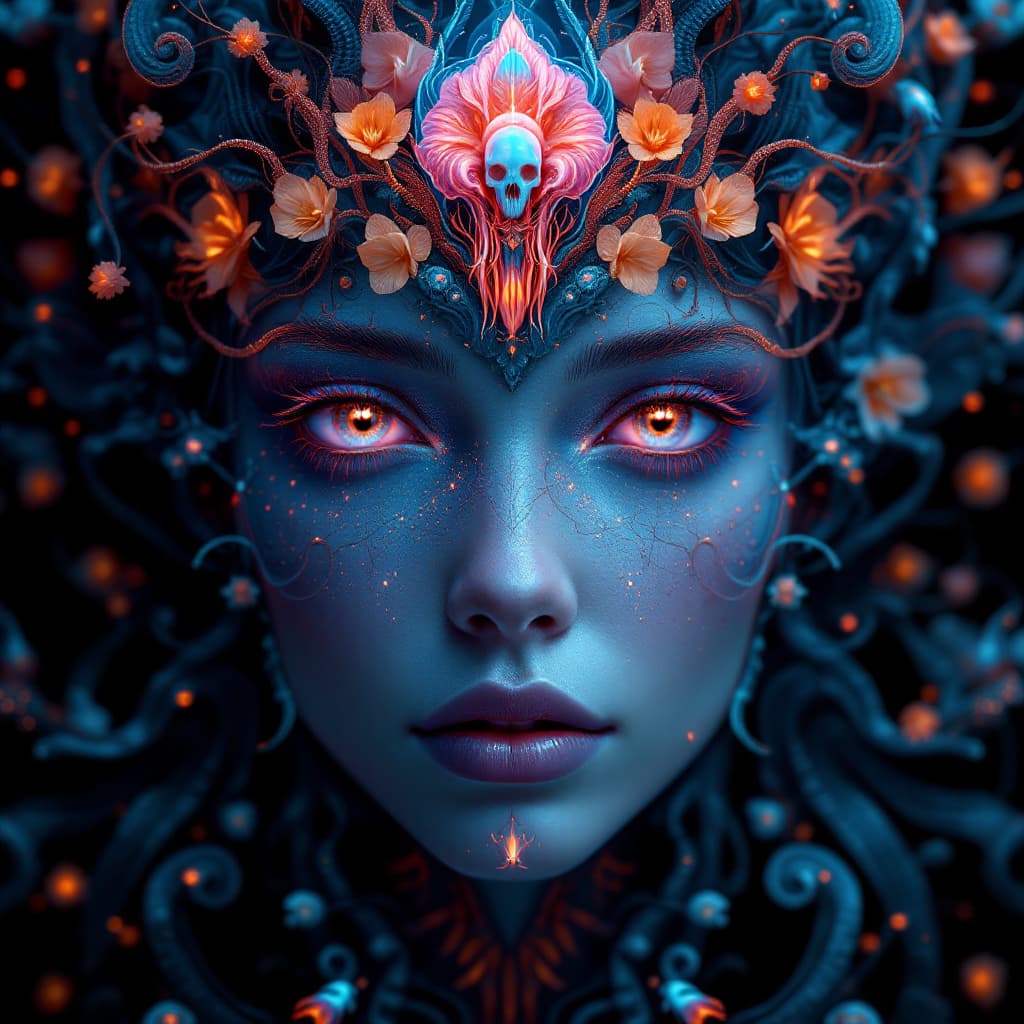AI generated: Goddess close-up portrait ribcagel. jellyfish phoenix head, nautilus, orchid, skull, betta fish, bio...