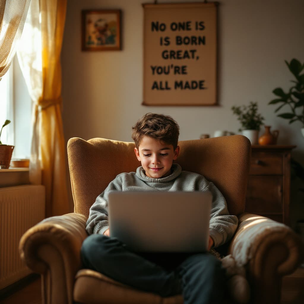 AI generated: A photorealistic image of a young boy seated in a cozy chair, gently holding a laptop in his arms. T...