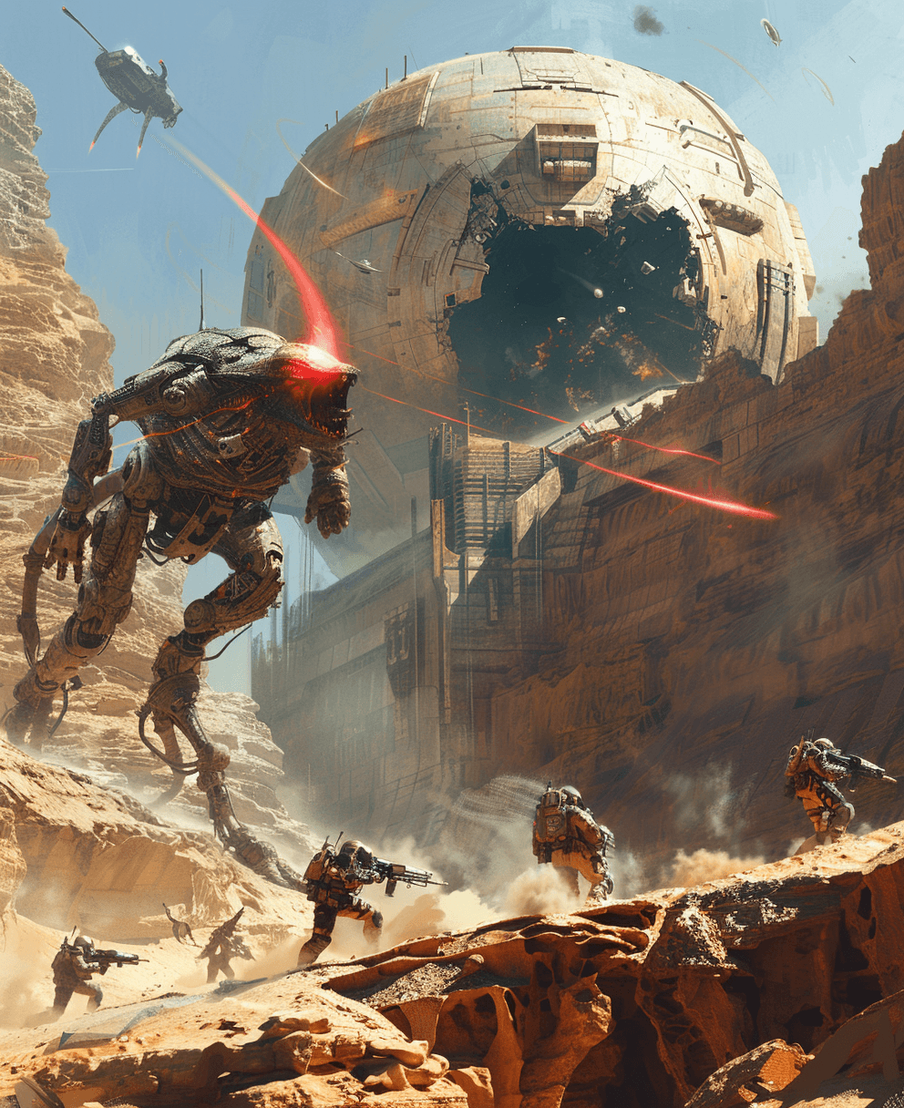 AI generated: A group of soldiers in the desert, fighting giant alien creatures on top of an ancient robot sphere ...